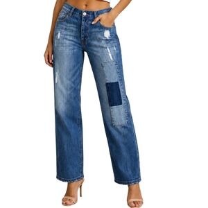 Olsenboye Women Blue Patchwork Distressed Jeans Size 15 Straight Leg Denim Pants